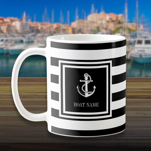 Mug Nom du bateau Ancre en bande noire et blanche