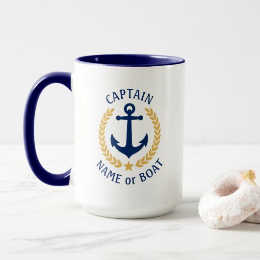Mug Nom du bateau capitaine Ancre Gold Style Laurel La (Avec donut)