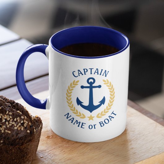 Mug Nom du bateau capitaine Ancre Gold Style Laurel Ma