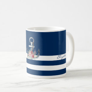 Mug Nom du bateau, fleurs d'ancre bleu marine rayé