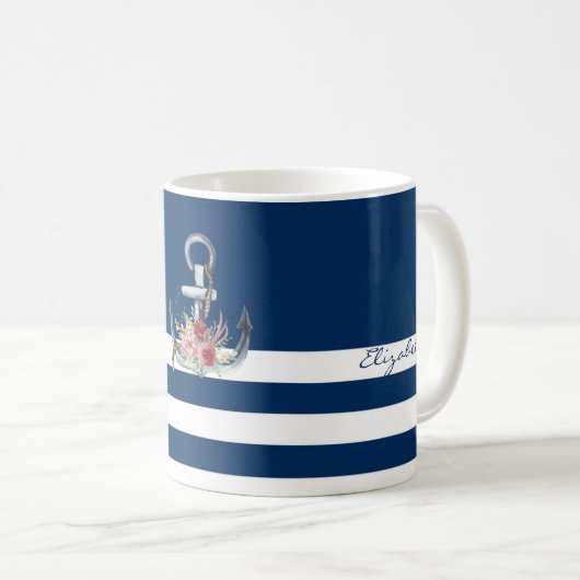 Mug Nom du bateau, fleurs d'ancre bleu marine rayé (Devant droit)