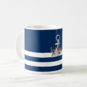 Mug Nom du bateau, fleurs d'ancre bleu marine rayé (Devant gauche)