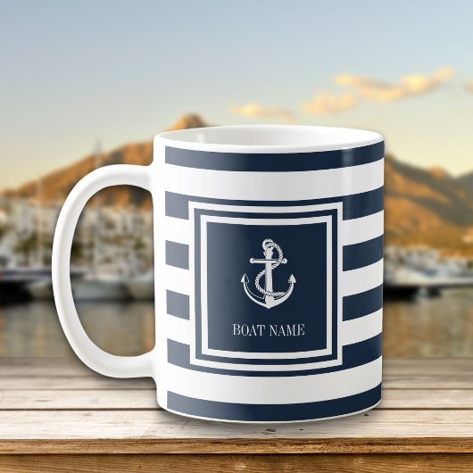 Mug Nom du bateau Marine Bleue Bande Ancre nautique