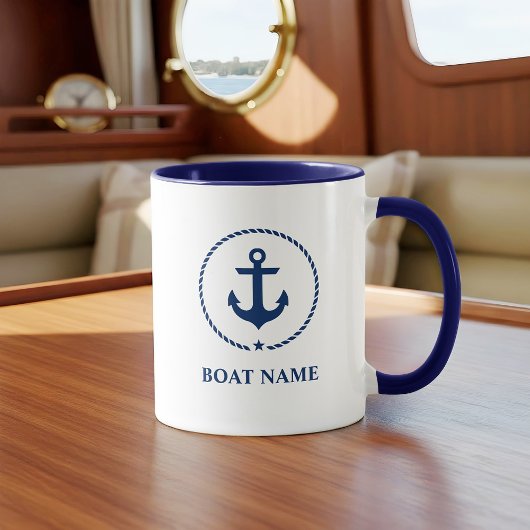 Mug Nom du bateau nautique Ancre corde Bleu