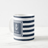 Mug Nom du bateau rayure bleu marine ancre nautique (Devant gauche)