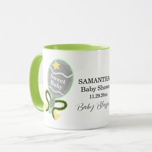 Mug Nom du bétail jaune baby shower vert (Devant gauche)