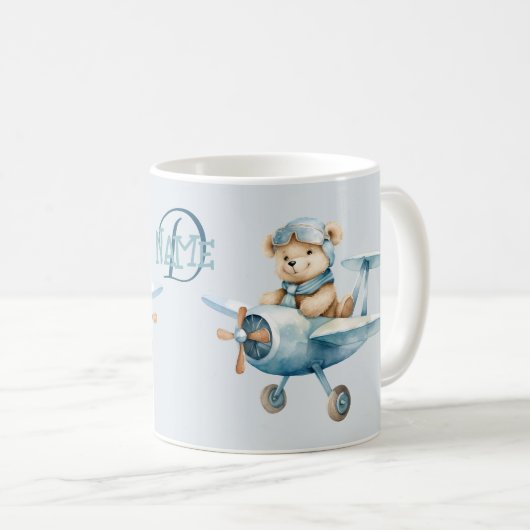Mug Nom du monogramme Avion Happy Blue Bear Pilot (Devant droit)