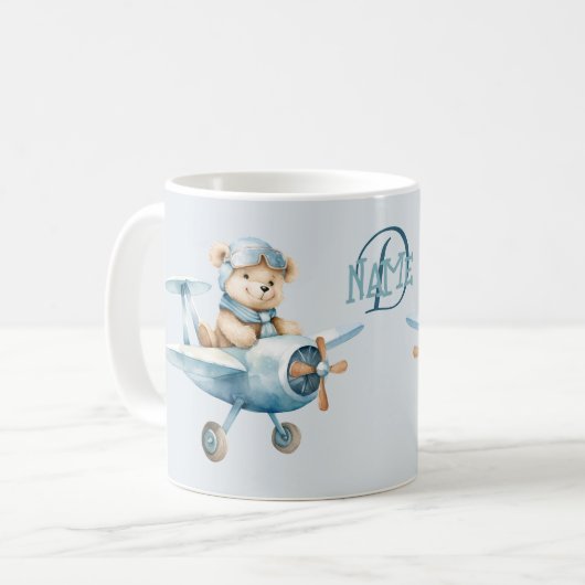 Mug Nom du monogramme Avion Happy Blue Bear Pilot (Devant gauche)