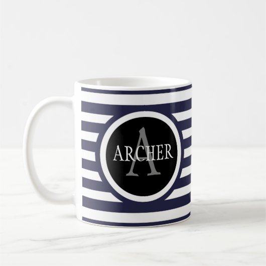 Mug Nom du monogramme Bandes marines (Gauche)