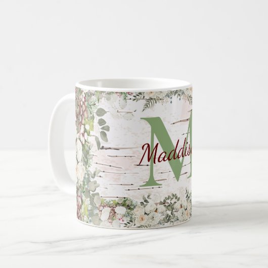 Mug Nom du monogramme Bois d'hiver Pinecone de rose bl (Devant gauche)