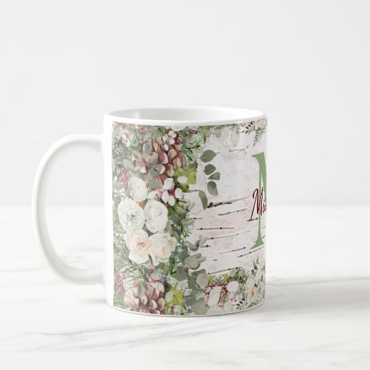 Mug Nom du monogramme Bois d'hiver Pinecone de rose bl (Gauche)