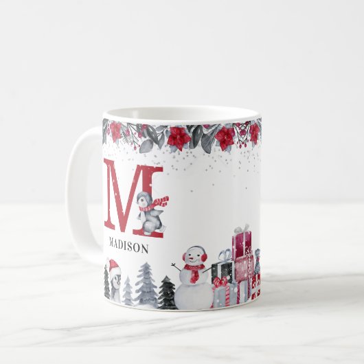 Mug Nom du monogramme de pingouin Noël (Devant gauche)