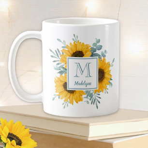 Mug Nom du monogramme de tournesol personnalisé