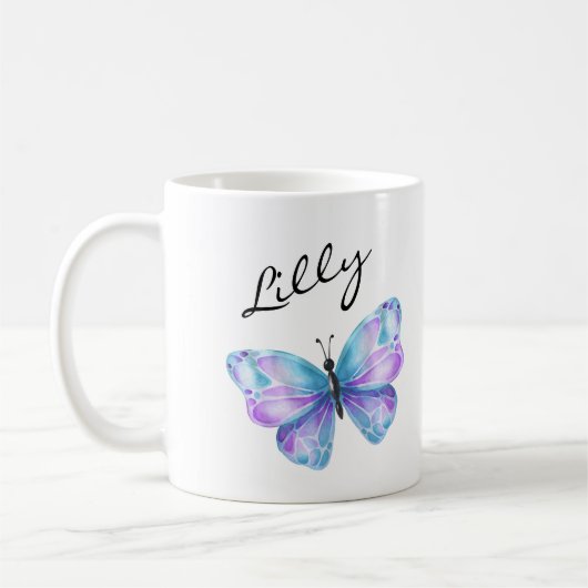 Mug Nom du monogramme du script papillon (Gauche)