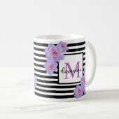Mug Nom du monogramme Fleur rose Bande noire (Devant droit)