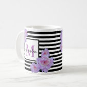 Mug Nom du monogramme Fleur rose Bande noire (Devant gauche)