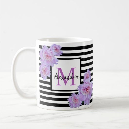 Mug Nom du monogramme Fleur rose Bande noire (Gauche)
