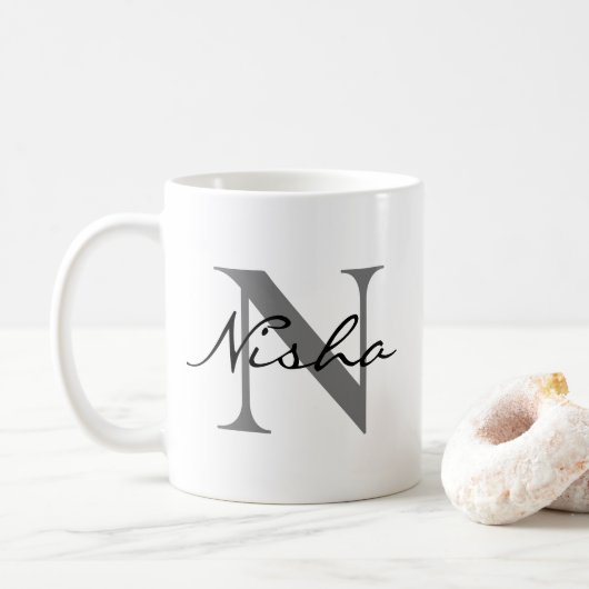 Mug Nom du monogramme gris noir (Avec donut)