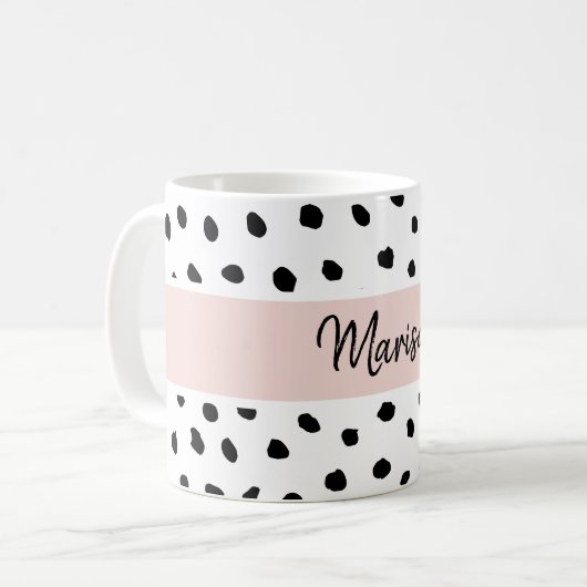 Mug Nom du monogramme moderne | Points rose et noir Pa (Devant gauche)