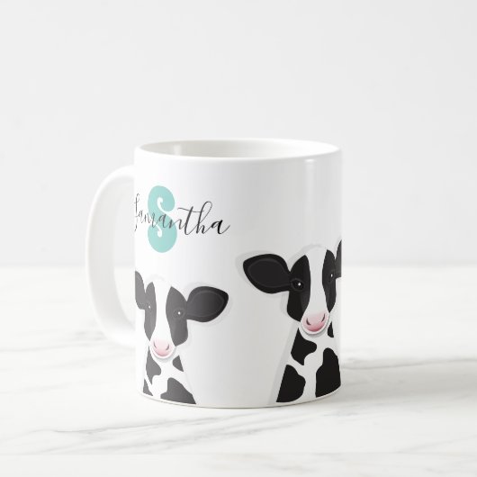 Mug Nom du monogramme Vache Turquoise Noir Blanc (Devant gauche)