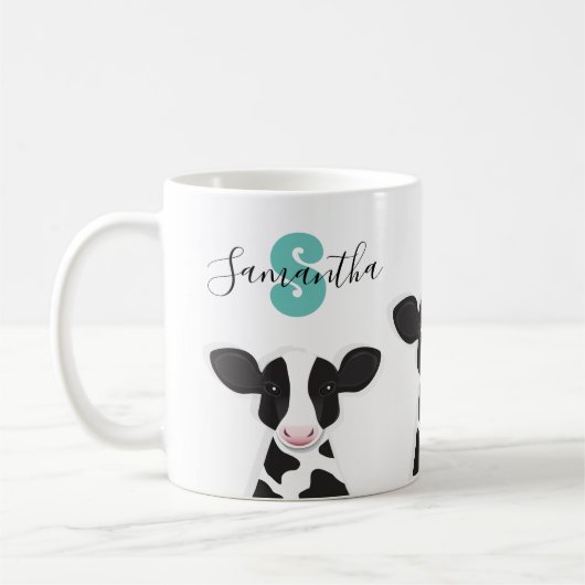 Mug Nom du monogramme Vache Turquoise Noir Blanc (Gauche)