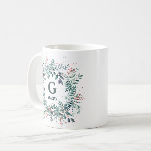 Mug Nom du monogramme Végétation de Noël (Devant gauche)