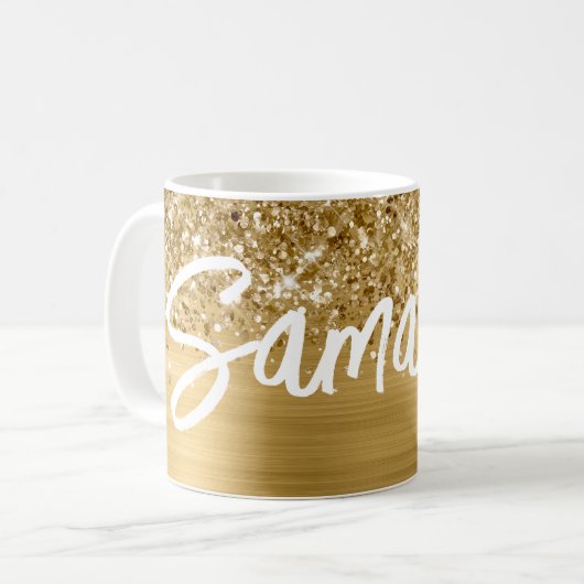 Mug Nom du script de pinceau Glittery Gold Glam (Devant gauche)