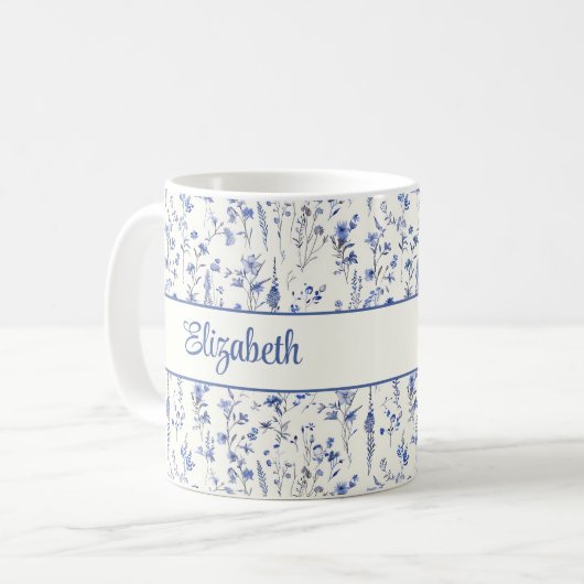 Mug Nom du script Fleur sauvage de couleur bleu marine (Devant gauche)