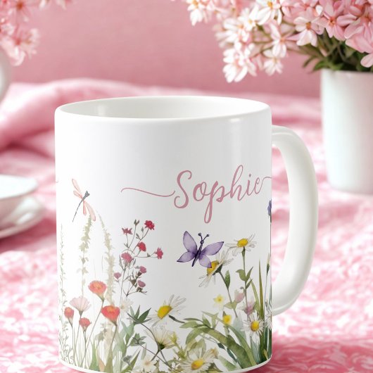 Mug Nom du script personnalisé rose fleur sauvage