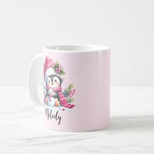 Mug Nom du script Pingouin mignon Noël rose (Devant gauche)