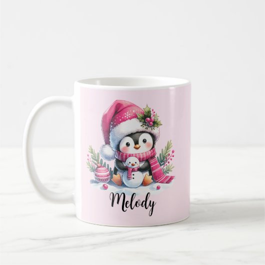 Mug Nom du script Pingouin mignon Noël rose (Gauche)