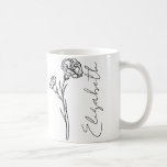 Mug Nom élégant de l'écriture Œillet Fleur de naissanc<br><div class="desc">Élégant,  minimaliste et moderne,  fleur d'œillet dessinée à la main en noir et blanc,  fleur de naissance de janvier avec nom personnalisable en écriture élégante,  cadeau personnalisé pour toute occasion,  y compris des cadeaux pour les personnes de votre cortège de mariage.</div>