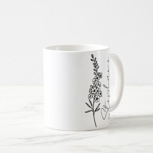 Mug Nom élégant de script Delphinium Fleur de naissanc (Devant droit)