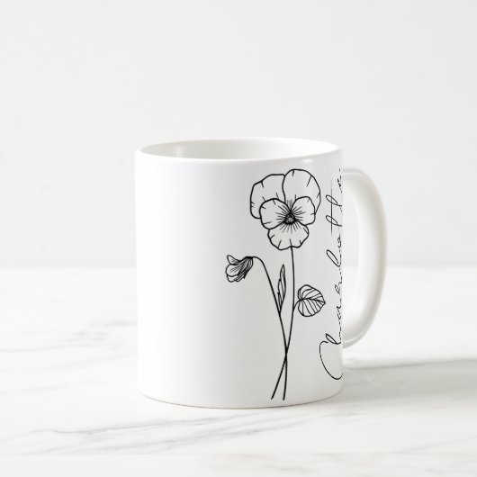 Mug Nom élégant de script Fleur de naissance de févrie (Devant droit)
