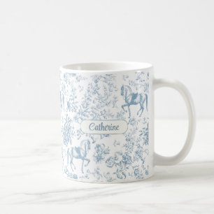 Mug Nom élégant de toile de Jouy florale équestre bleu