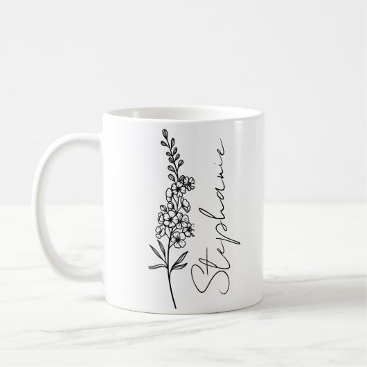 Mug Nom élégant écriture Delphinium Fleur de naissance (Gauche)