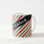 Mug Nom fait sur commande + Motif rayé rouge, blanc et (Devant droit)