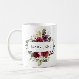 Mug Nom floral aquarelle en rouge bordeaux élégant