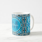 Mug 💙🤎 Nom + initiale turquoise - Azulejos marron, (Devant droit)