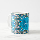 Mug 💙🤎 Nom + initiale turquoise - Azulejos marron, (Devant gauche)