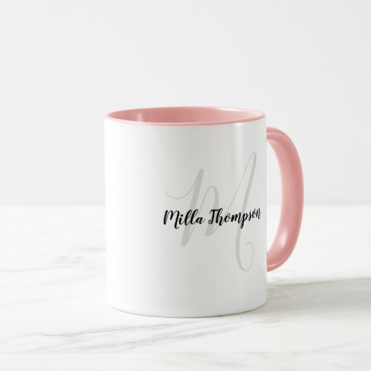 Mug nom manuscrit et initiale . monogramme . rose (Devant droit)