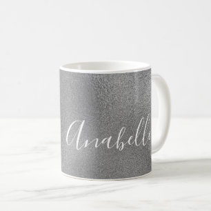 Mug Nom manuscrit personnalisé paillettes gris argent