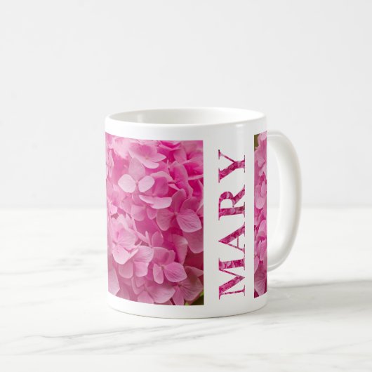 Mug Nom "Marie", Jolie Hydrangée rose florale (Devant droit)
