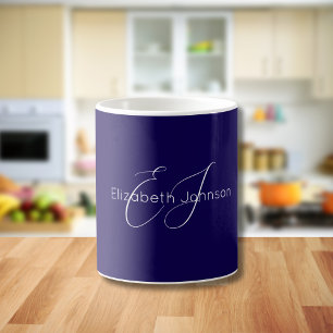 Mug nom minimaliste classique monogramme bleu et blanc