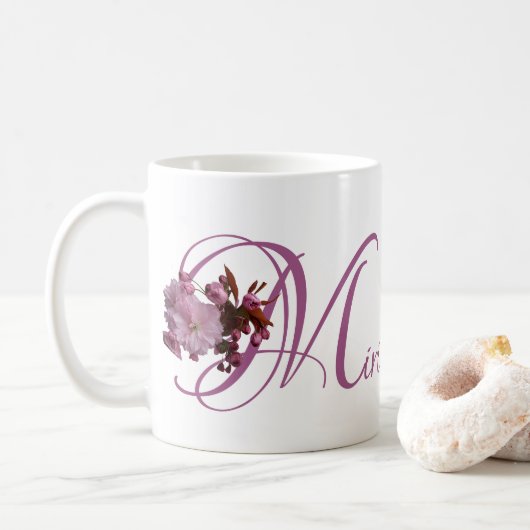 Mug Nom Miriam personnalisable rose cerisier fleuri bo (Avec donut)
