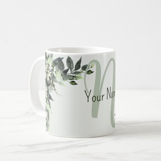 Mug Nom Monogramme Floral Feuillage Eucalyptus (Devant gauche)