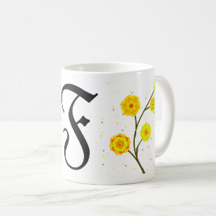 Mug Nom monogramme floral jaune d'aquarelle moderne