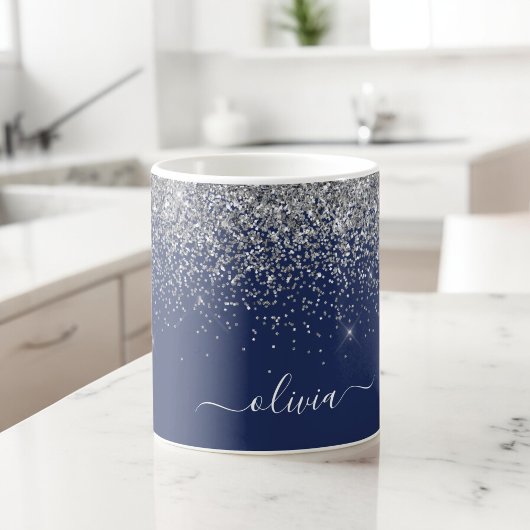 Mug Nom Monogramme Pailleté Fille Bleu Marine Argent