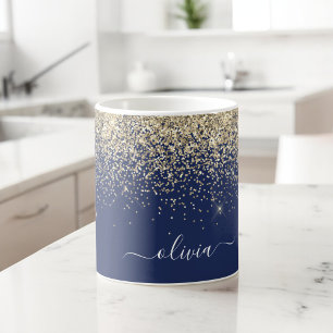 Mug Nom Monogramme Pailleté Fille Or Bleu Marine