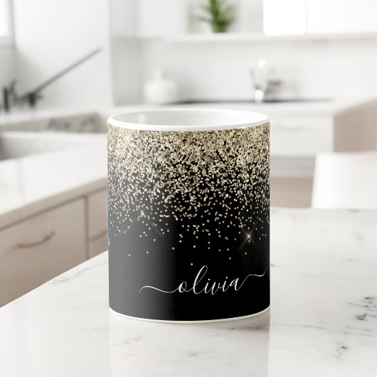 Mug Nom Monogramme Pailleté Filleul Doré Noir